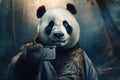 Panda wild animal making a selfie with a smartphone illustration generative ai