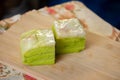 Pandan cake stuffed with rectangular pieces of pandan