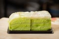 Pandan cake stuffed with rectangular pieces of pandan