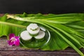 Pandan coconut milk jelly served in a plate and decorated with orchids.