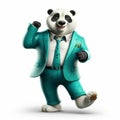 Friendly Anthropomorphic Panda In Blue Suit And Green Tie