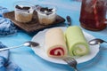 Swiss roll cake and strawberry swiss roll cake Royalty Free Stock Photo