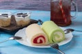 Swiss roll cake and strawberry swiss roll cake Royalty Free Stock Photo