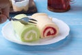 Pandan roll cake and strawberry swiss roll cake Royalty Free Stock Photo