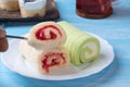 Pandan roll cake and strawberry swiss roll cake Royalty Free Stock Photo