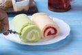 Pandan roll cake and strawberry swiss roll cake