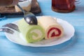 Pandan roll cake and strawberry swiss roll cake