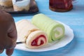 Pandan roll cake and strawberry swiss roll cake