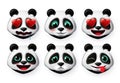 Pandas emojis and bear emoticons vector set. Panda bear head face emoji like shy and inlove cute expressions.