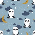 Colorful seamless pattern with happy pandas, moon, stars. Decorative cute background with funny animals, night sky