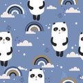 Colorful seamless pattern with happy pandas, rainbow. Decorative cute background with funny animals, sky