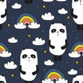 Colorful seamless pattern with happy pandas, rainbow, clouds. Decorative cute background with funny animals, sky