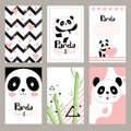 Pandas invitation cards. Newborn cute animals of chinese bear holiday vector placard design templates for kids