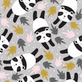 Colorful seamless pattern with happy pandas, leaves. Decorative cute background with funny animals, foliage