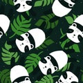 Colorful seamless pattern with happy pandas, palm leaves. Decorative cute background with funny animals, garden