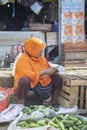 Pandeglang, Banten, Indonesia - November 15, 2020 : a mother selling vegetables in traditional markets