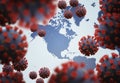 Pandemic concept. Coronavirus outbreak in USA. Many viruses above map of America. 3D rendered illustration