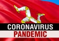 PANDEMIC of coronavirus COVID-2019 on Isle of Man country flag background. 3D rendering of coronavirus bacteria. Isle of Man flag Royalty Free Stock Photo