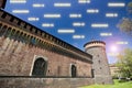 Pandemic from Coronavius Covid-19 in Italy. Sforza Castle. Cylindrical tower and walls. The Castle with the walls and the