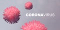 Pandemic danger. Microscopic view of contagious disease cells and word CORONAVIRUS on grey background, 3D illustration