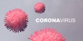 Pandemic danger. Microscopic view of contagious disease cells and word CORONAVIRUS on grey background