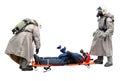 Pandemic, epidemic, chemical, radiation, or biological contamination. Rescuers in a chemical or biological protection suit rescue