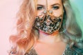 Pandemic fashion neon light portrait woman mask Royalty Free Stock Photo