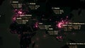 Pandemic global map of the coronavirus covid-19 spreading. Black continents with pink colored cities pinpoints with