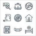 Pandemic line icons. linear set. quality vector line set such as hospital bed, mask, news report, stay at home, avoid crowds,