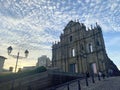 Colonial Portuguese Cathedral Architecture Macao Tourism at the base of Ruins of St. Paul Facade Macau China Dramatic Sky Clouds