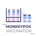 Pandemic Monkeypox outbreak. Blood sample tube for Monkeypox virus test, vaccine and flasks with a virus in the laboratory.