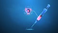 Pandemic vaccination. Syringe with a virus cell. Preventive medicine, health care, medical treatment. Low poly, wireframe 3d