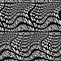 PANDEMONIUM word warped, distorted, repeated, and arranged into seamless pattern background