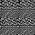 PANDEMONIUM word warped, distorted, repeated, and arranged into seamless pattern background
