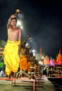 Pandits performing dhup aarti of river kshipra at the simhasth maha kumbh mela 2016, Ujjain India Royalty Free Stock Photo