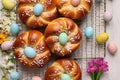 Top view of Pane di Pasqua, traditional Easter bread with easter eggs