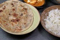 Paneer Butter Masala , a rich and tandoori roti and rice with curry Royalty Free Stock Photo