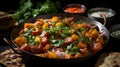 Paneer Sabji or Curry with Two Chappati in Plate on Blurry Background Image