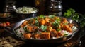 Paneer Sabji or Curry with Two Chappati in Plate on Blurry Background Image