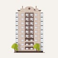 Panel building with multiple floors with balconies and pair of trees growing beside. Multi story living house isolated