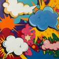 panel collage featuring vibrant comic-style illustrations of sunbursts, clouds, and explosive effects with halftone patterns