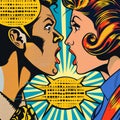 comic strip style artwork showing close-ups of a people\'s shocked expression and empty speech bubbles with halftone detail