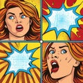 comic strip style artwork showing close-ups of a people\'s shocked expression and empty speech bubbles with halftone detail