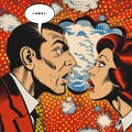 comic strip style artwork showing close-ups of a people\'s shocked expression and empty speech bubbles with halftone detail