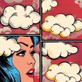 comic strip style artwork showing close-ups of a people\'s shocked expression and empty speech bubbles with halftone detail