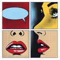 comic strip style artwork showing close-ups of a people\'s shocked expression and empty speech bubbles with halftone detail