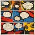 comic strip style artwork showing close-ups of a people\'s shocked expression and empty speech bubbles with halftone detail