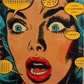 comic strip style artwork showing close-ups of a people\'s shocked expression and empty speech bubbles with halftone detail