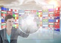 panel with flags woman doing things in a futuristic tactile screen Royalty Free Stock Photo