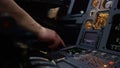 Panel of switches on an aircraft flight deck. Autopilot control element of an airliner. Pilot controls the aircraft